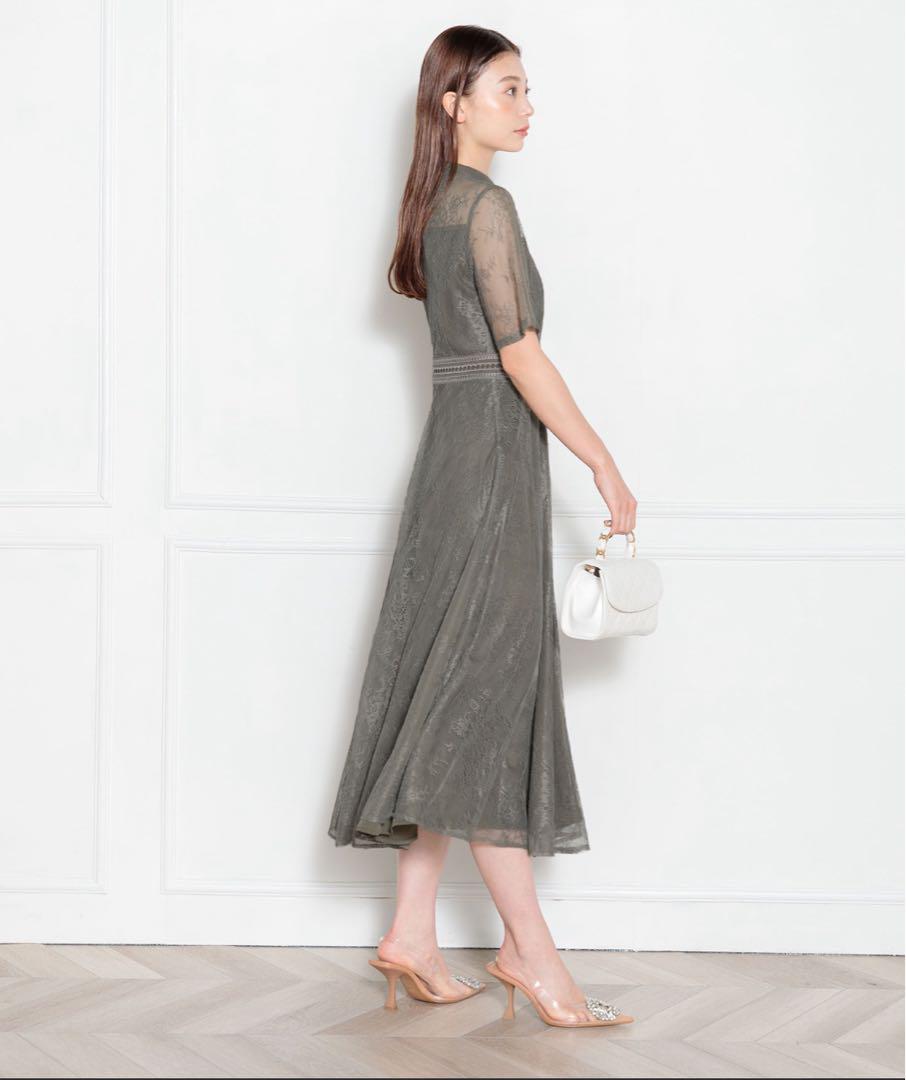 【美品】Leja ハイネック花柄レースロングドレス グリーン L