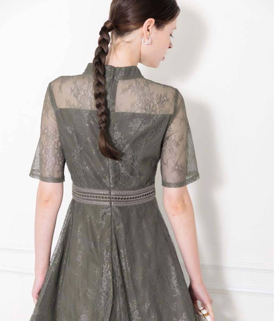 【美品】Leja ハイネック花柄レースロングドレス グリーン L