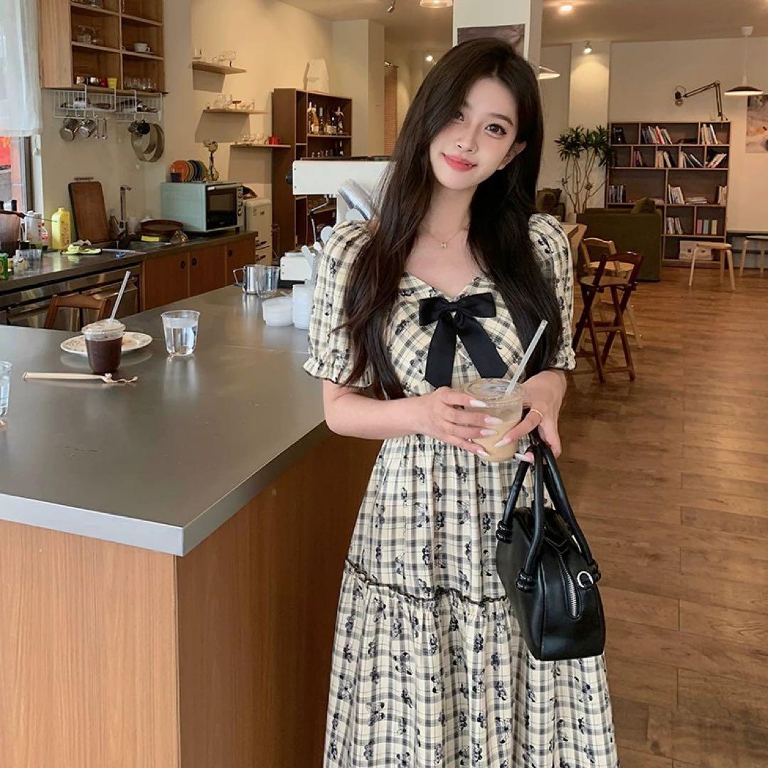 蝶柄チェックゴスロリロングワンピ✿春夏お出かけ女子会に可愛い魅力