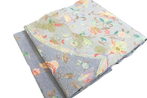 ランキング2025 長さ3m56cm 唐花 グレー 灰色 名古屋帯 未使用品 銀彩加工 袷 正絹 着物・浴衣