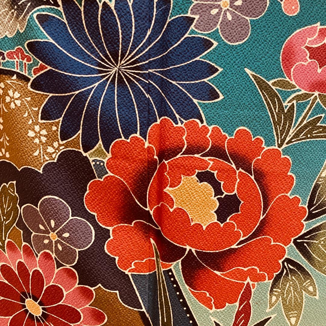 振袖 正絹 緑色地創作紅型文様柄 お仕立て上がり lf064