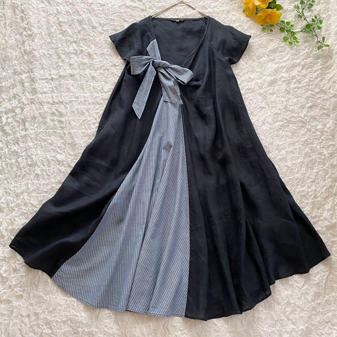 美品　ADIEU TRISTESSE　リネン 異素材 リボン ワンピース ビギ