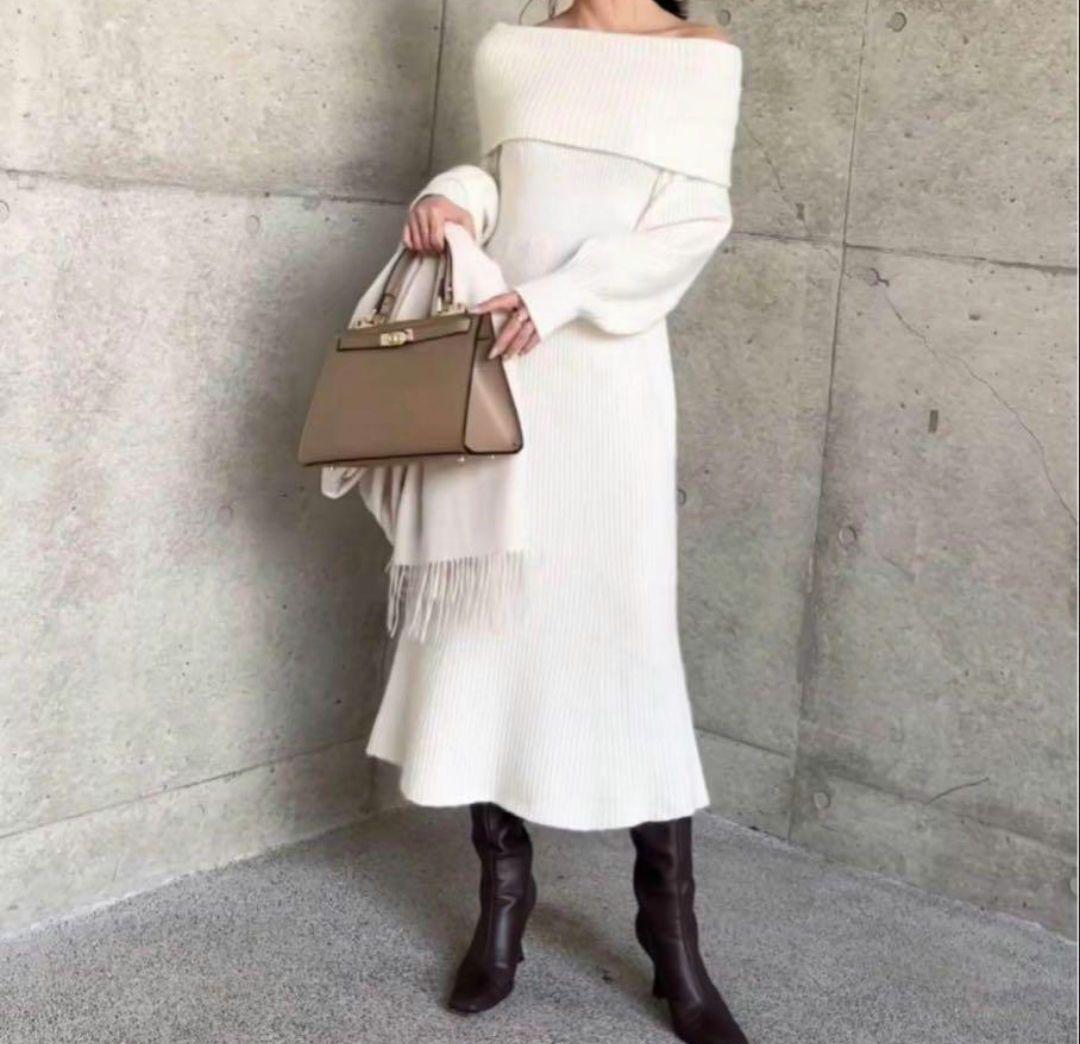 8032 アニュアンス オフショルナローニットワンピース ロング アイボリー S