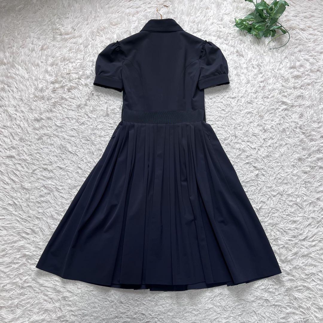 極美品 フォクシー フレアシャツワンピース パフスリーブ プリーツ ネイビー