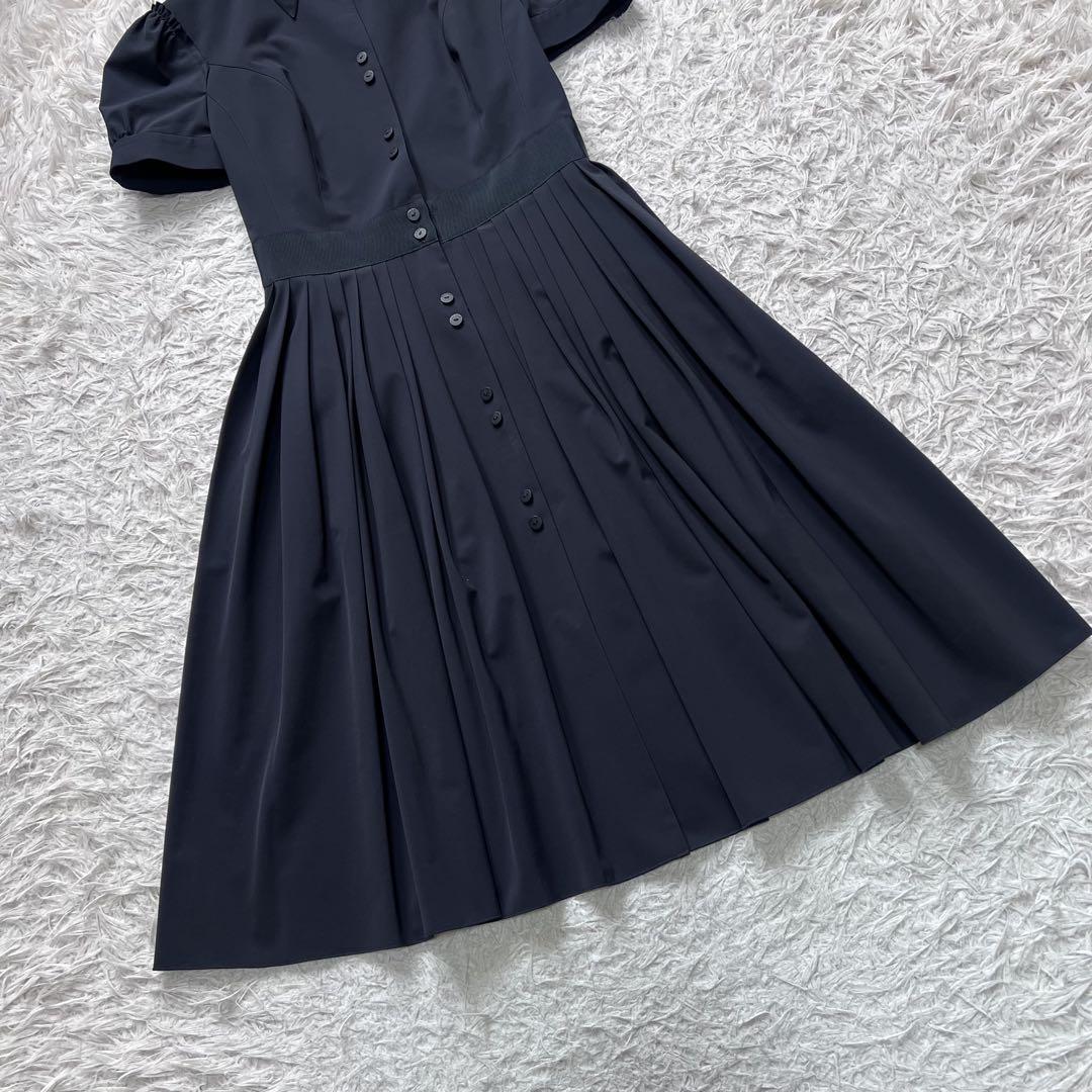 極美品 フォクシー フレアシャツワンピース パフスリーブ プリーツ ネイビー