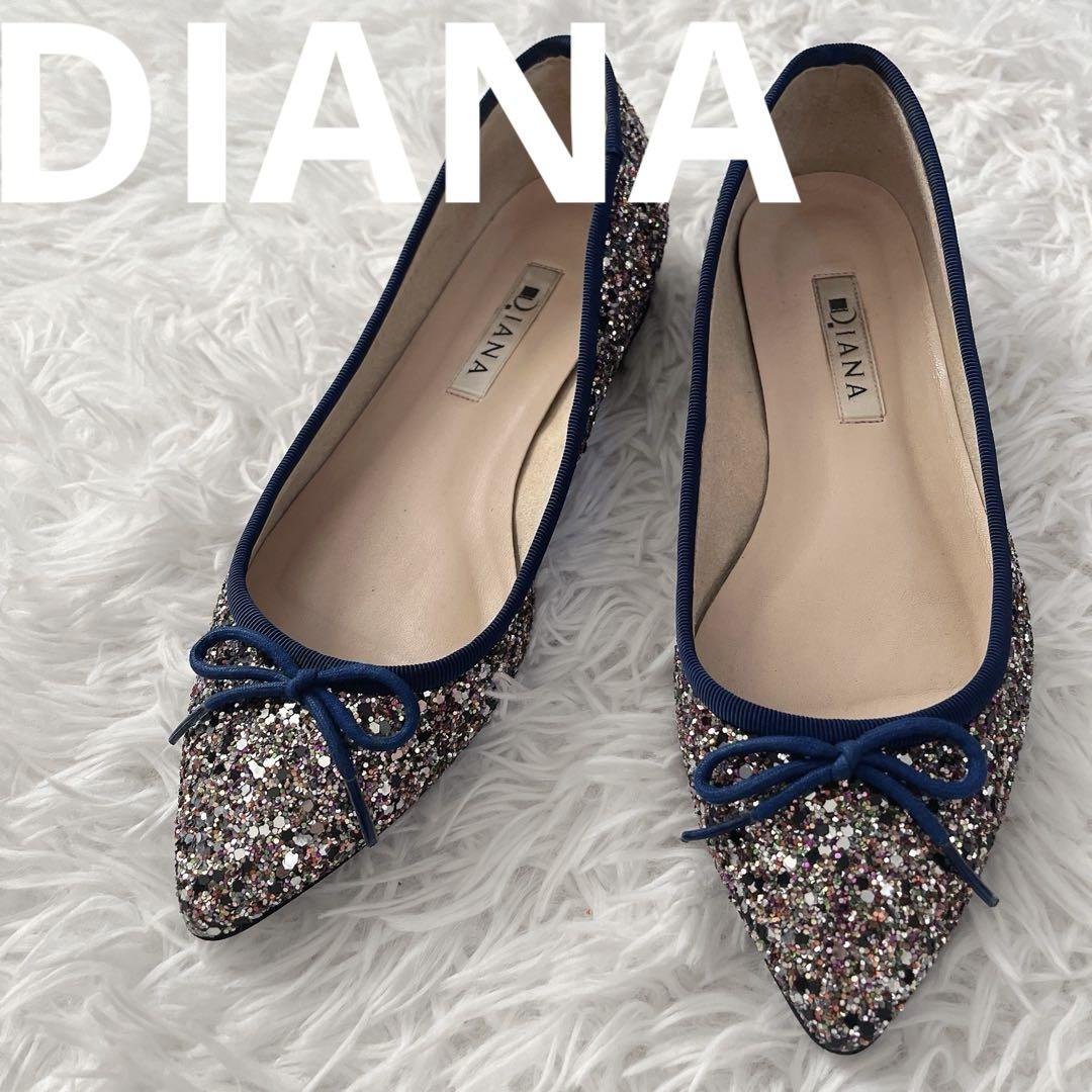 DIANA ダイアナ　フラットシューズ　グリッター　ラメ　リボン　黒 DIANA 】ダイアナ フラットパンプス グリッター リボン ラメ