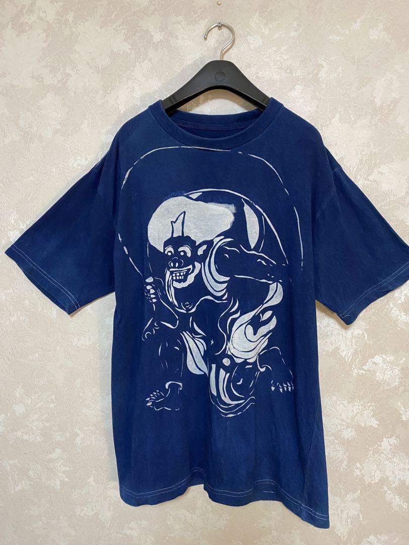 347.藍染めTシャツ、風神の型染め　迫力　Ｌ　手染め　男女兼用　勢い