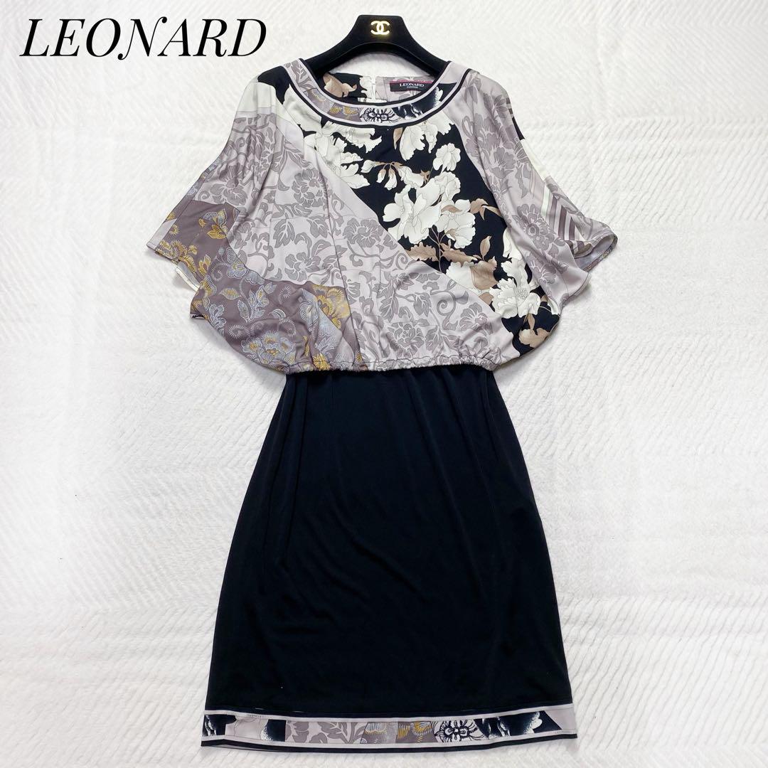 極美品✨レオナール ロングワンピース カンカン素材 花柄 トリム 38 M 黒 画像1