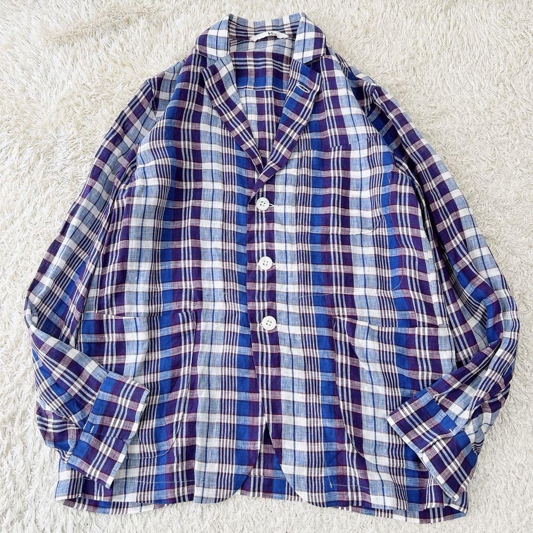 45R★極美品★リネンガーゼマドラスジャケット★ピュアリネン★パープル系