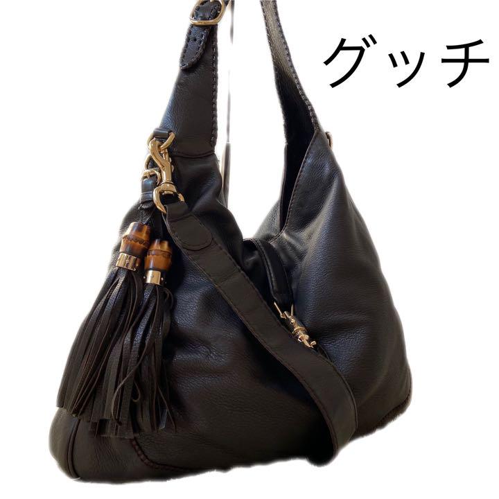 極美品 グッチ ショルダーバッグ タッセル ダークブラック バンブー 2way