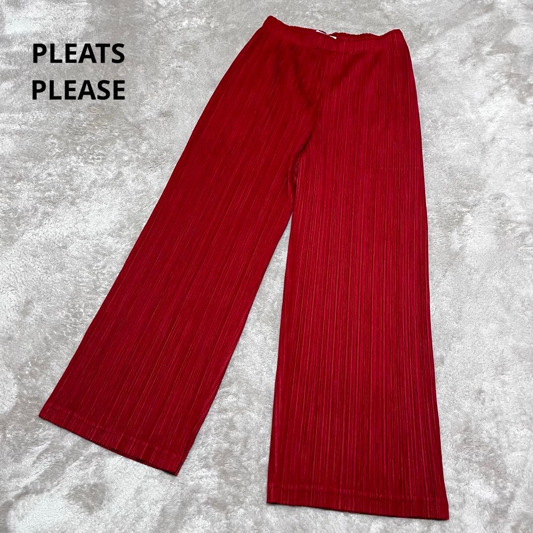 極美品　プリーツプリーズ　イッセイミヤケ　ワイドパンツ　レッド　ポケット付き