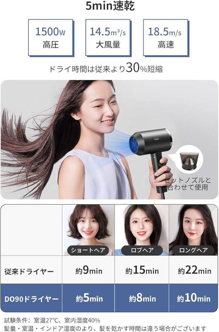 【高濃度マイナスイオン 大風量速乾】 ヘアドライヤー 1500W マイナスイオン