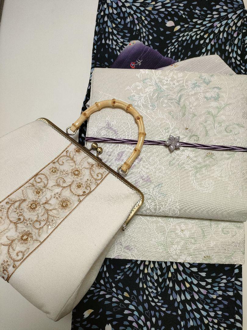 MUGIBAG*花柄刺繍レース*がま口バッグ*和装バッグ*バンブーバッグ*
