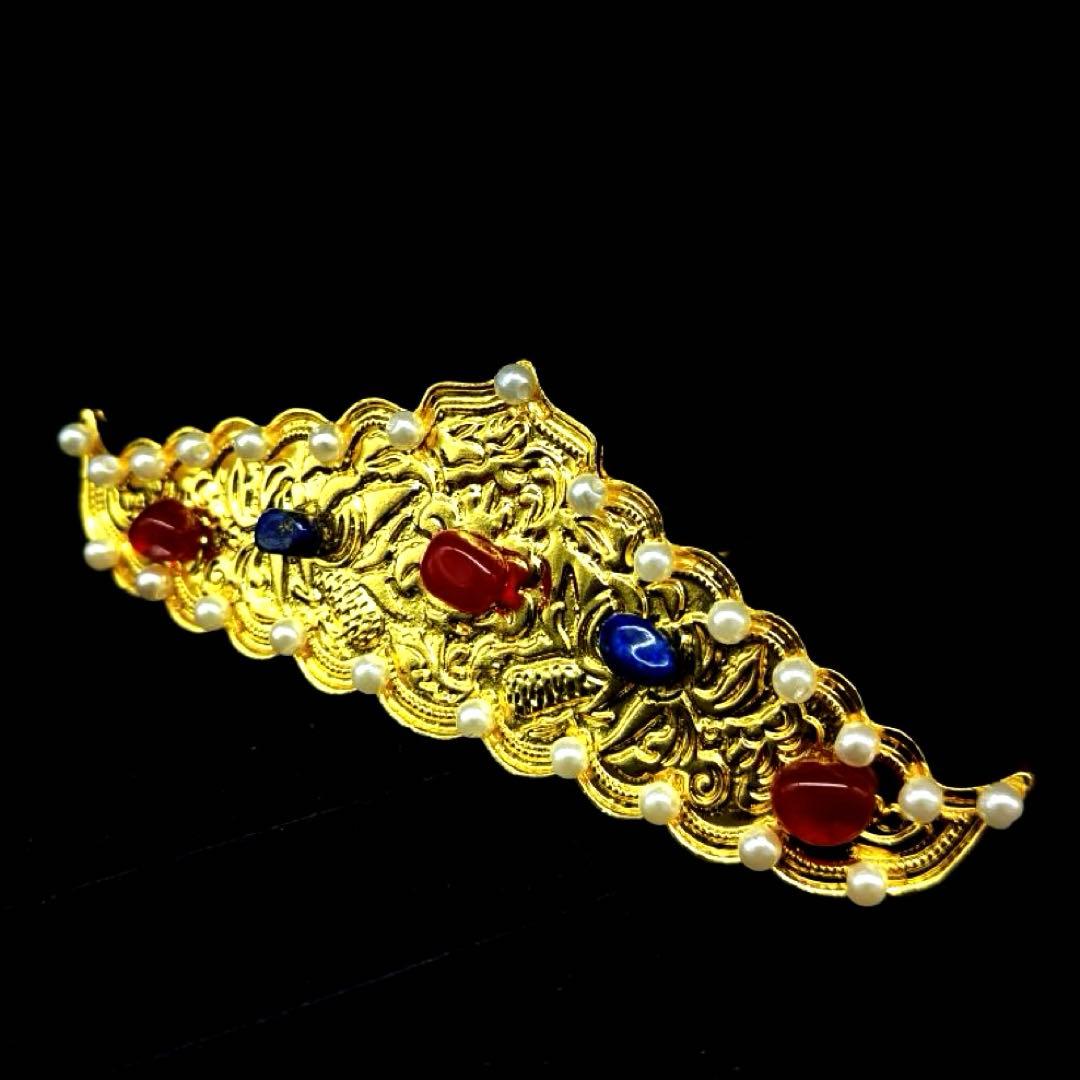 鏨刻鳳凰多宝真珠冠簪 白赤青金色髪飾り 中華風 結婚式 成人式 明製漢服 着物