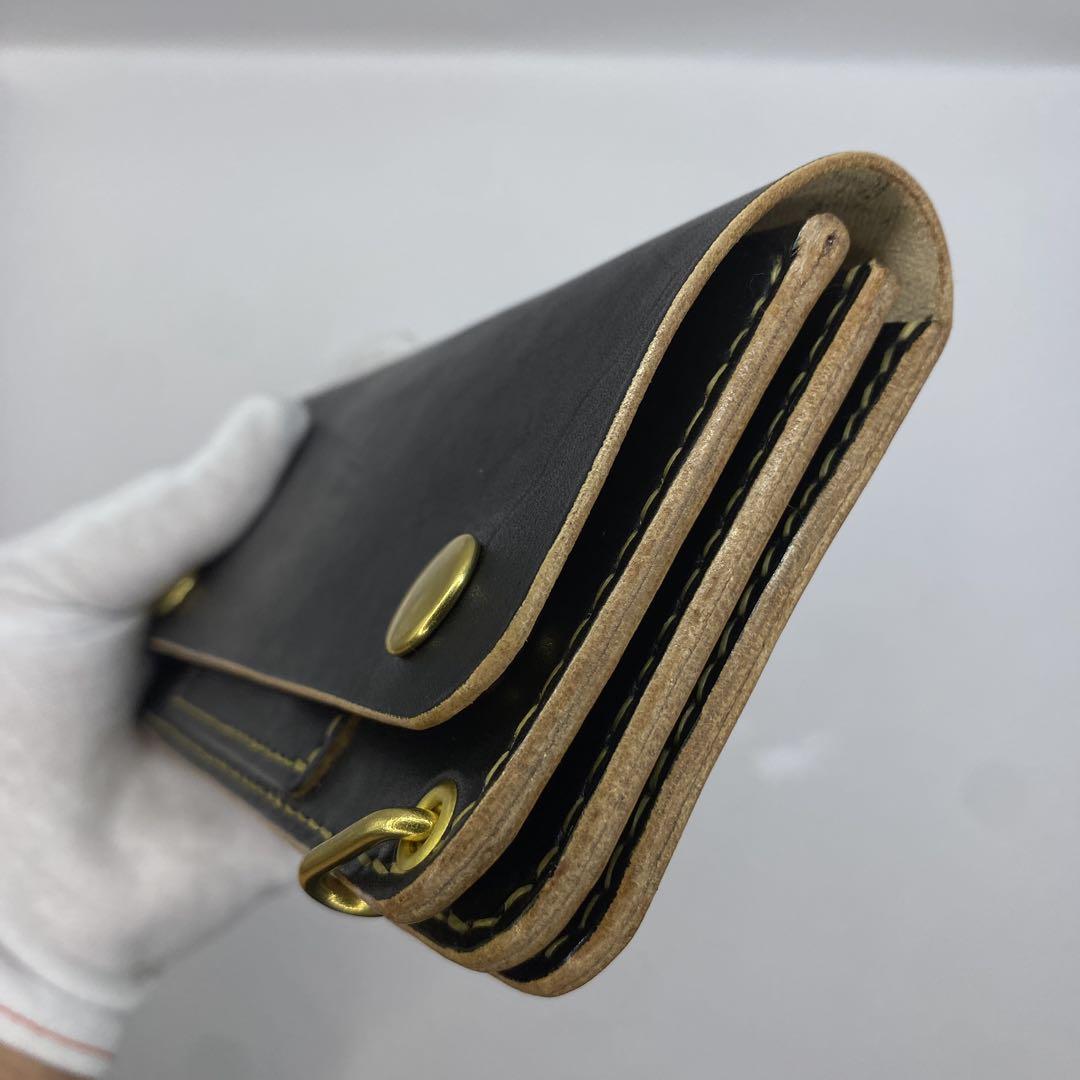 【ハンドメイド】本革 ロング 丘染めブラックトラッカーウォレット 小判かん
