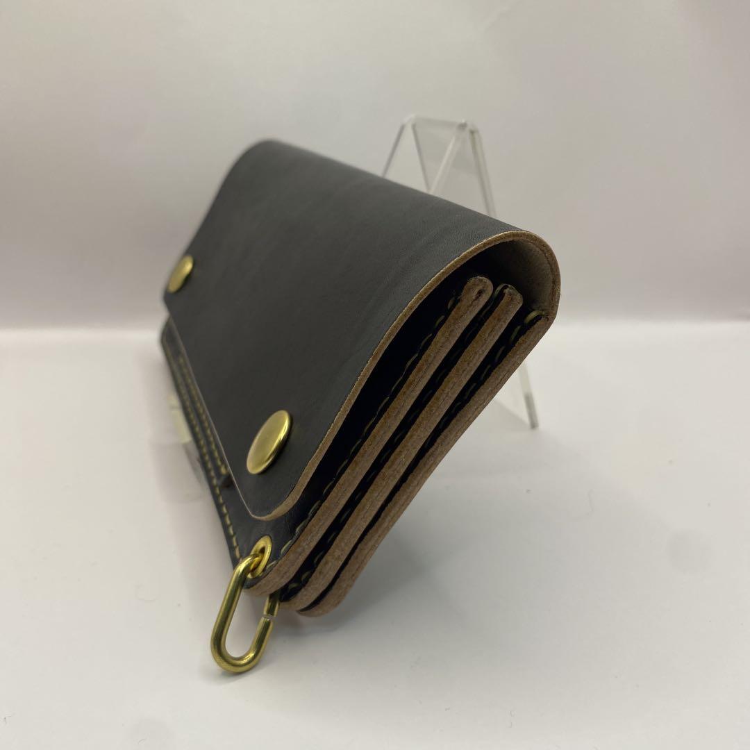 【ハンドメイド】本革 ロング 丘染めブラックトラッカーウォレット 小判かん
