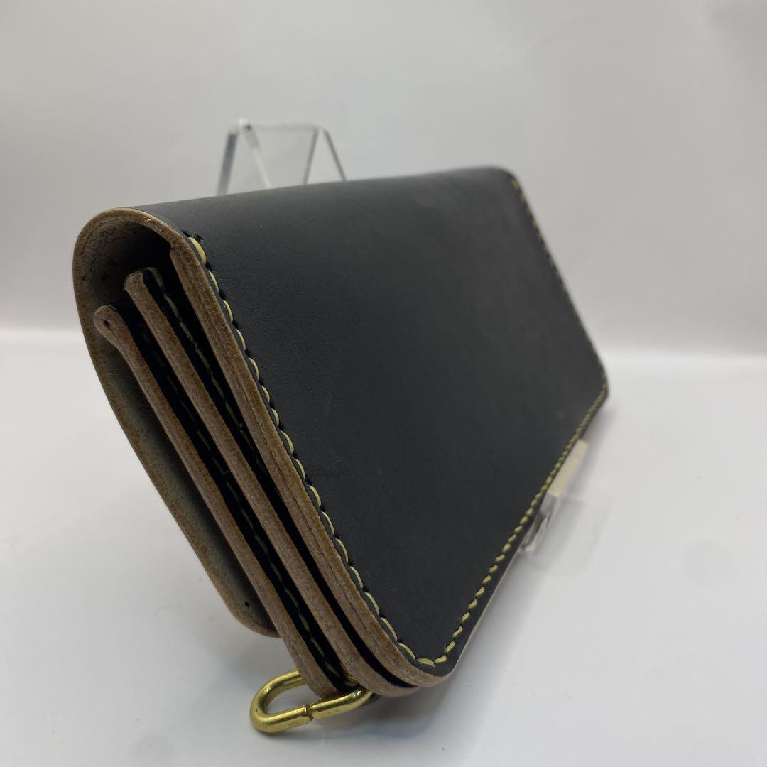 【ハンドメイド】本革 ロング 丘染めブラックトラッカーウォレット 小判かん