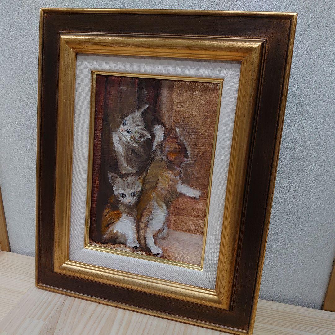 特価正規品 絵画 ねこ サムホール SM 額付き 1aUXn-m91235885094 油絵 猫 3びきの子ねこ 数量限定