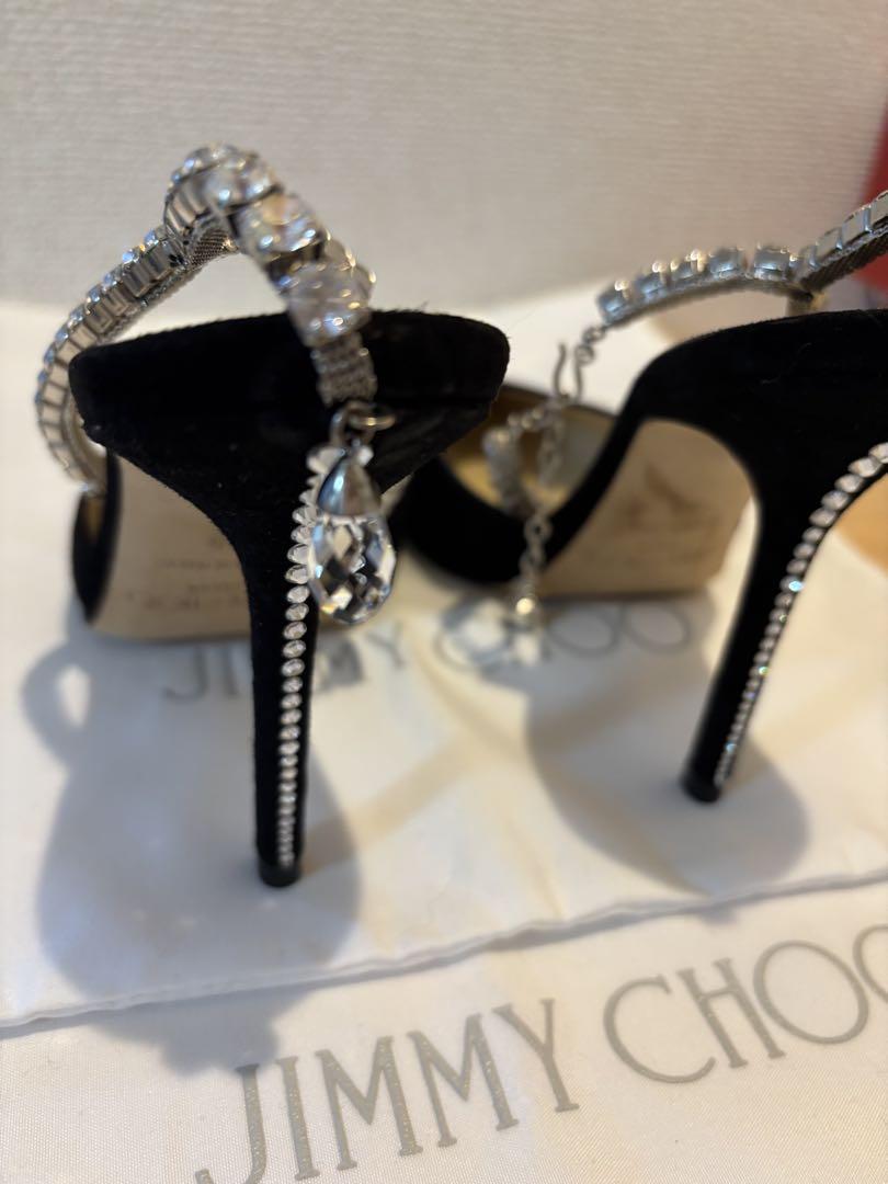 JIMMY CHOO クリスタルチェーン付き Black スエード・パンプス