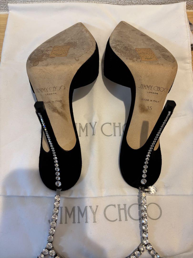 JIMMY CHOO クリスタルチェーン付き Black スエード・パンプス
