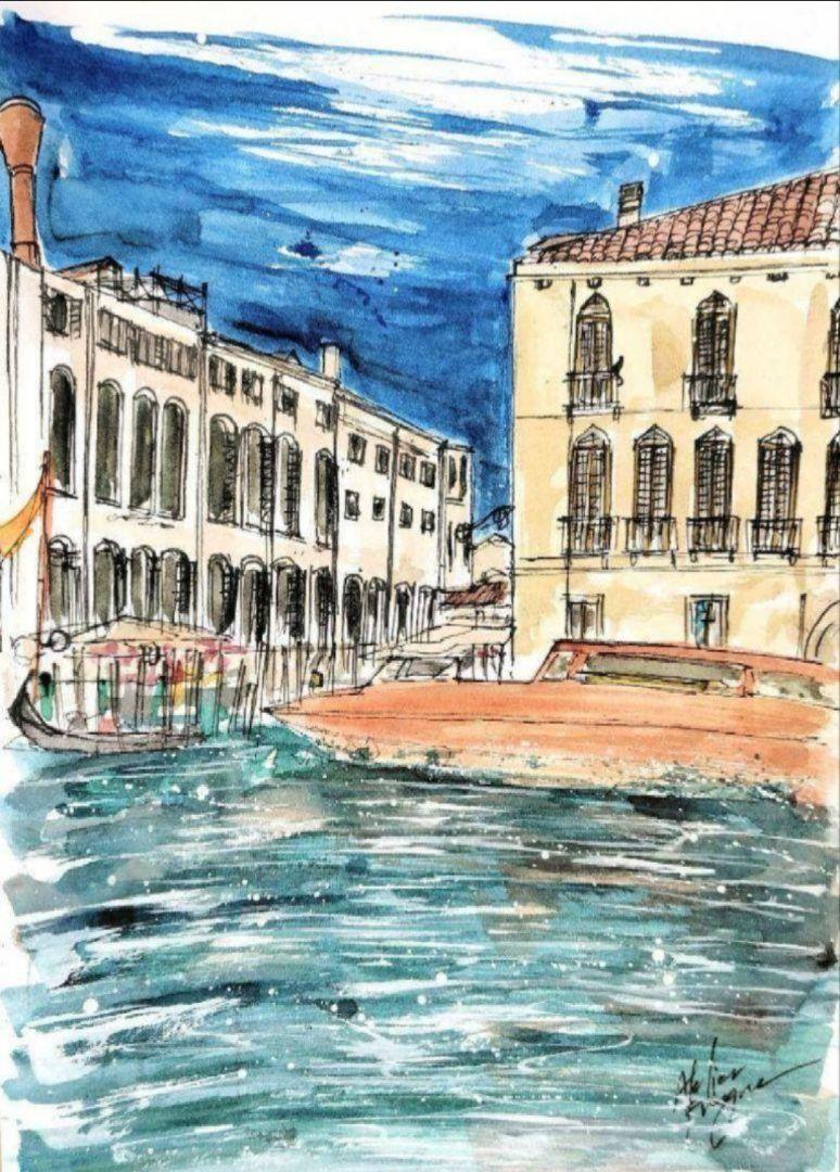 原画#3797 黒猫 ベネチア イタリア 風景画 水彩画 ドローイング