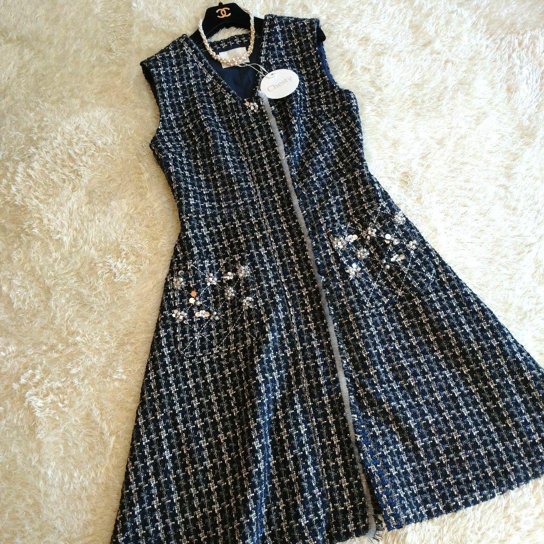 新品タグ付き☆chesty ビジュー 2way ツイードジレワンピース サイズ1