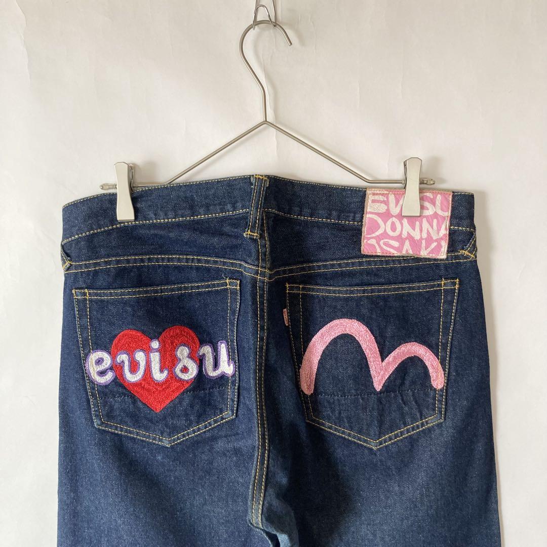 EVISU DONNA ハート刺繍 ストレート デニム パンツ ピンクカモメ