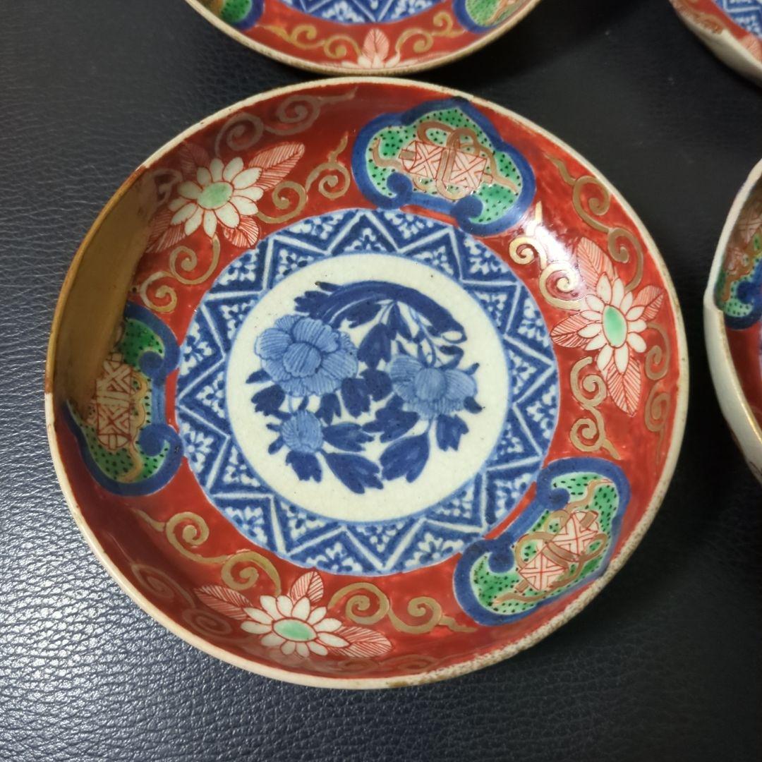 古伊万里 色絵皿 富貴長春 時代物4枚 難有り金継ぎ 丸山焼