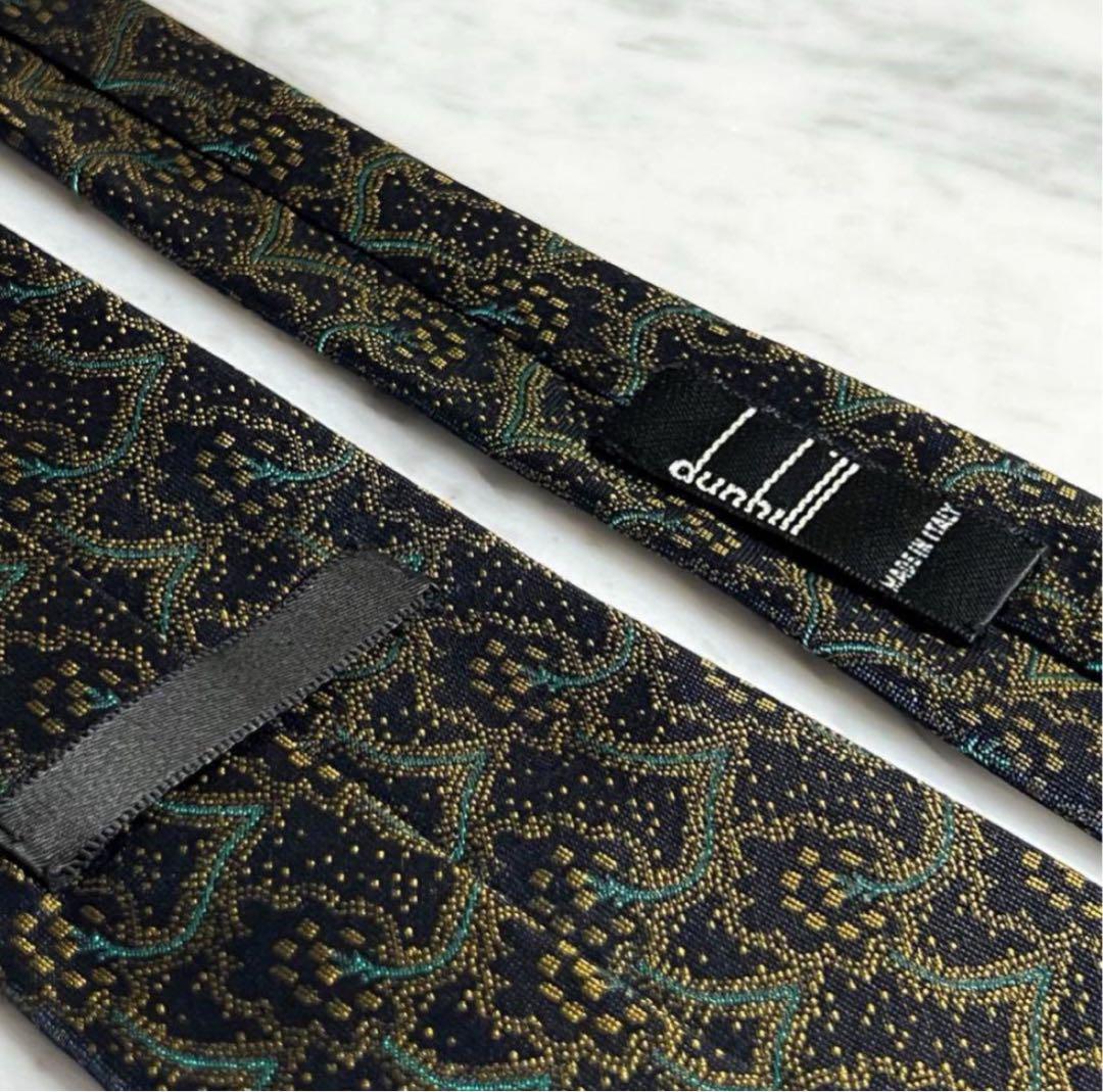 dunhill ネクタイ ネイビー系 ワンポイントdロゴ 総柄 微光沢