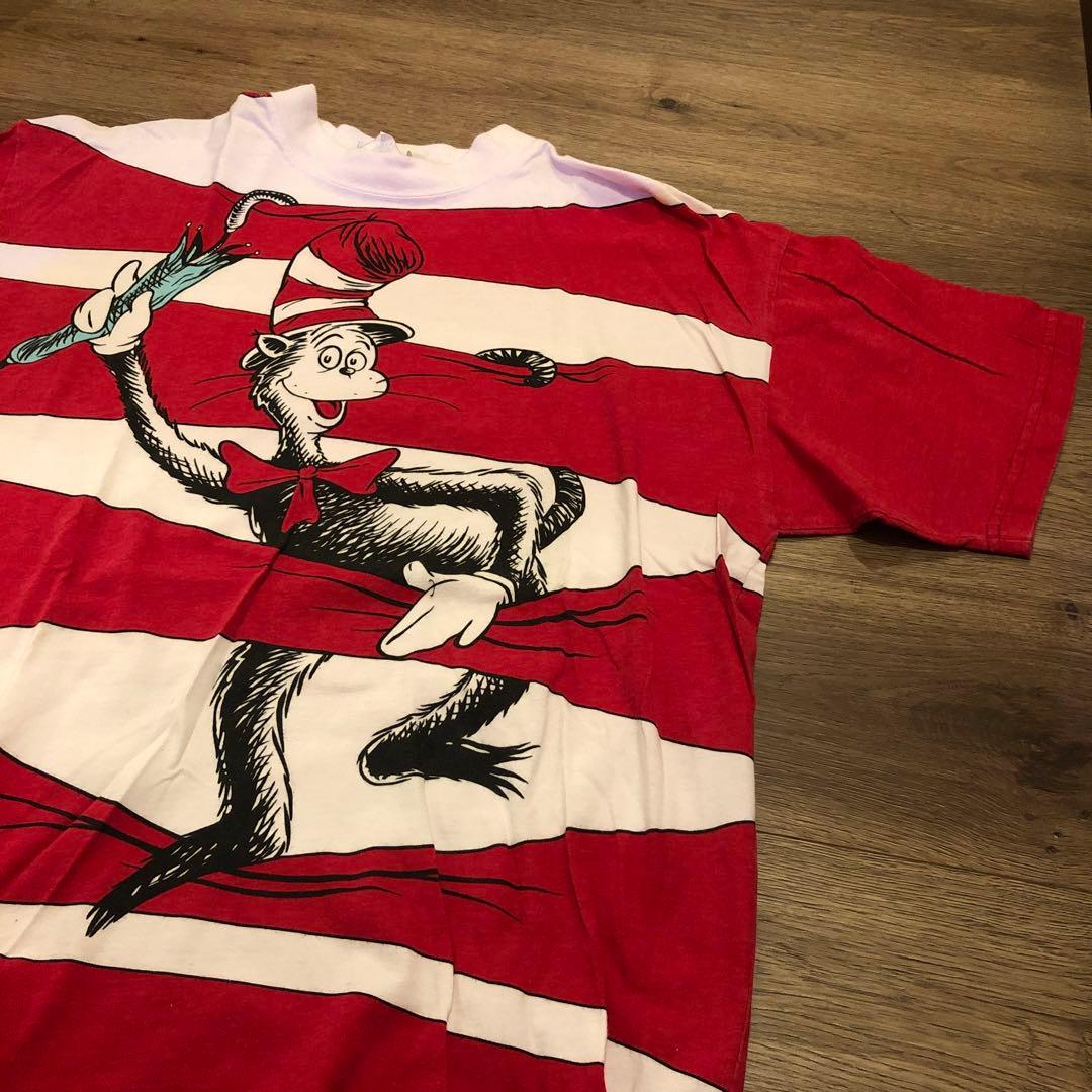 キャットインザハット ヴィンテージ両面プリントTシャツ 赤白Lサイズ