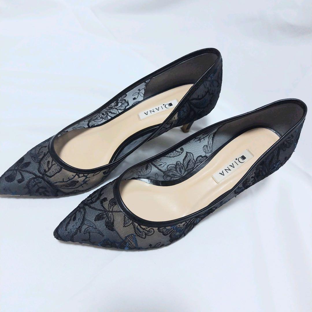 DIANA ブラック レース ポインテッドトゥハイヒール 刺繍パンプス