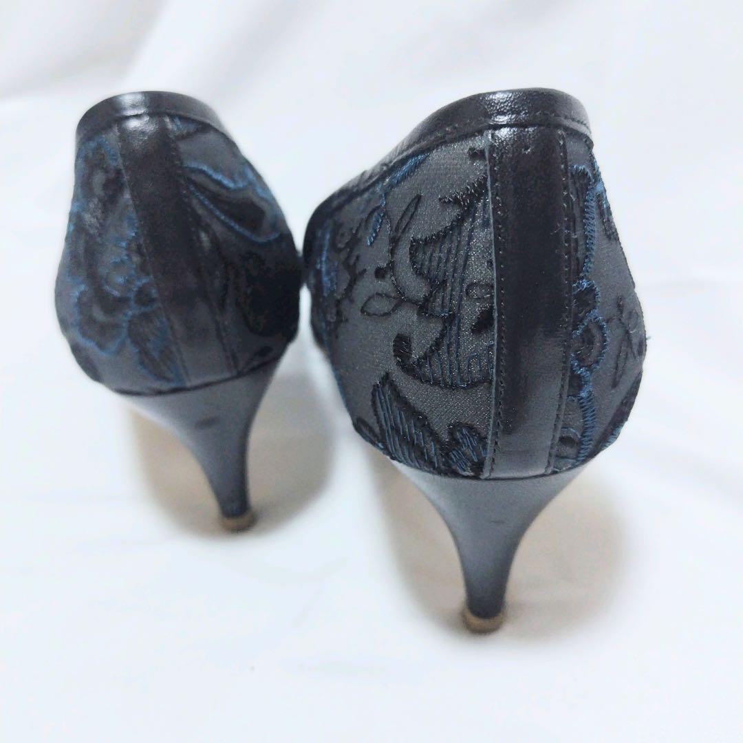 DIANA ブラック レース ポインテッドトゥハイヒール 刺繍パンプス
