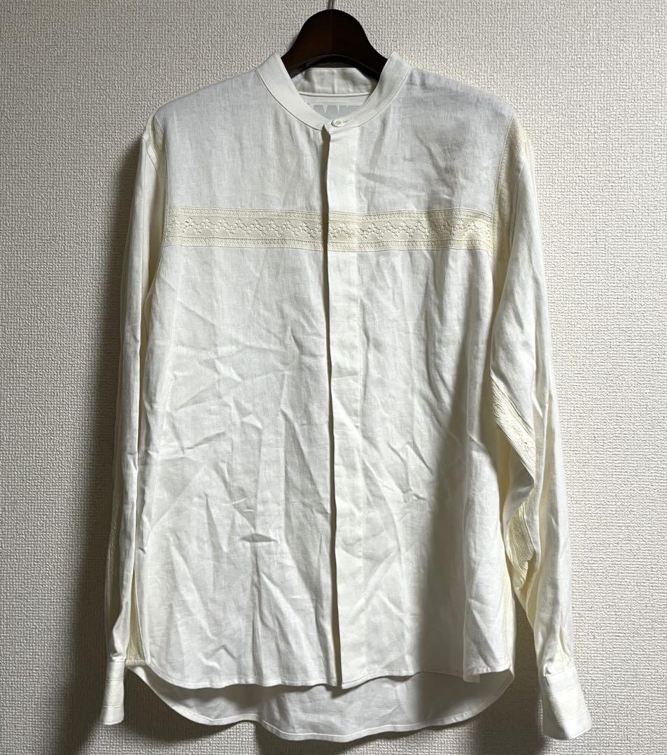 AAKU アーク　22aw レース切り替え　バンドカラーシャツ