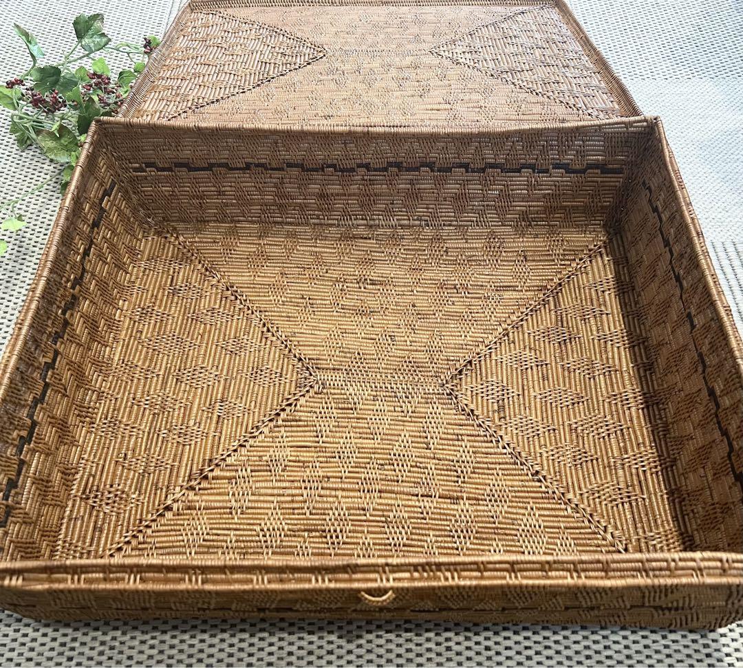 アタ　柄入蓋付きバスケットバリ島　特大　アジアン雑貨新品