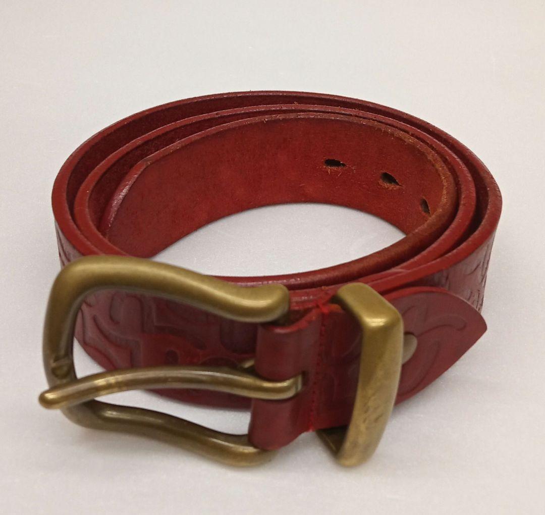 全長117cm エヴィス EVISU カモメ総柄レザーベルト 赤 レッド