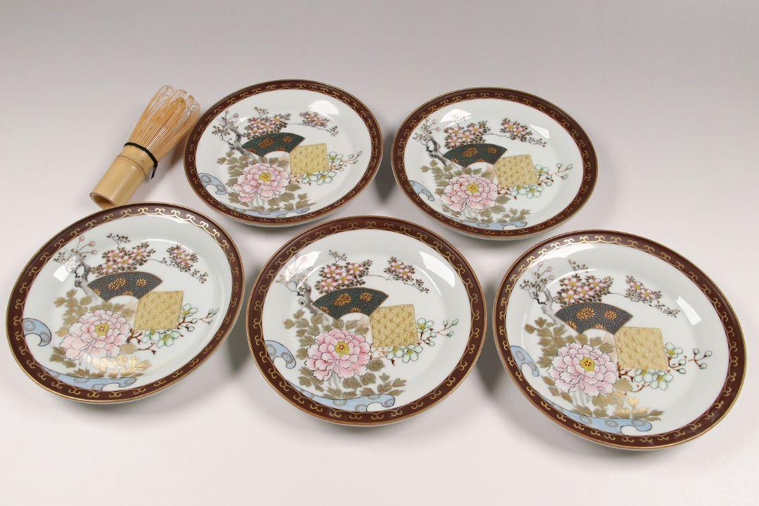 CH55 時代九谷焼 梶本製 金彩色絵青粒 中皿 五客 15cm 草花 桜 牡丹