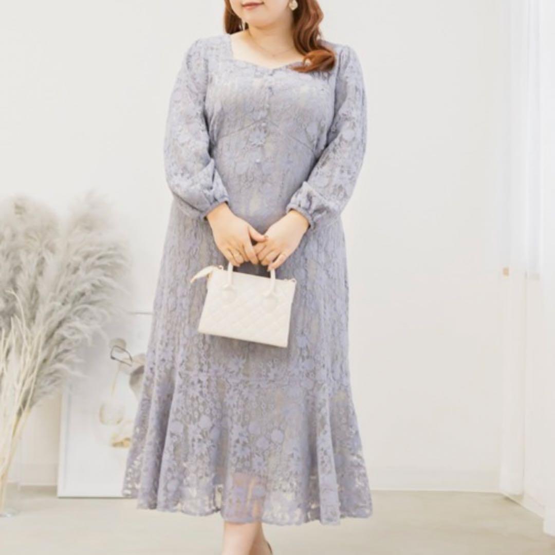 CLETTE 総レースワンピース　花柄　長袖　大きいサイズ　LL ブルーグレー