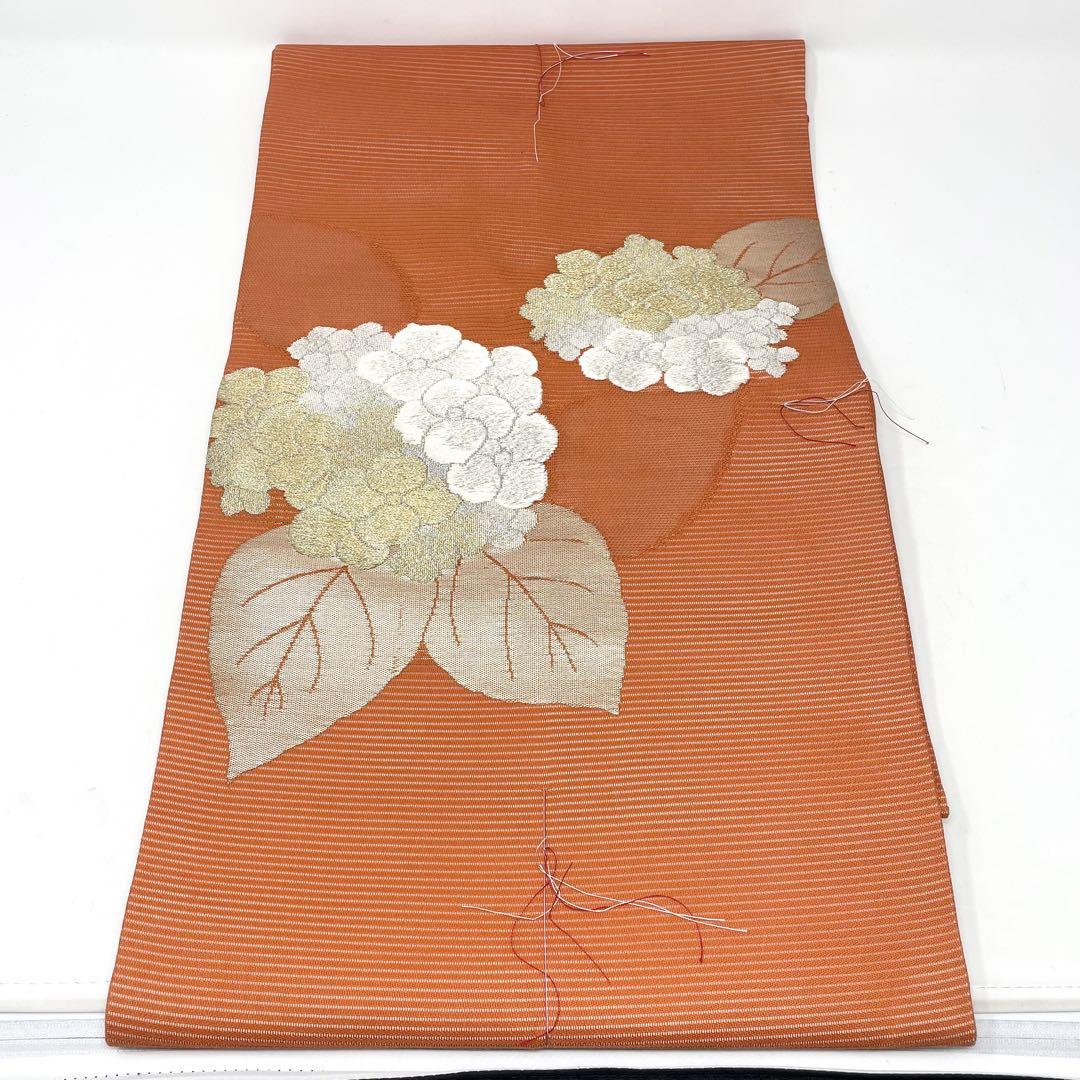 未使用【 名古屋帯/絽 】正絹 オレンジ 紫陽花 刺繍 薄物 夏物