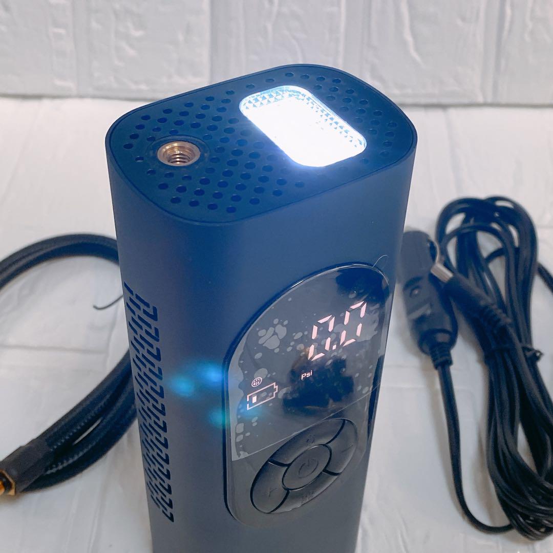 値下げ⭐️電動空気入れ 車 自転車空気入れ コードレス 充電式 ケース付き　ブルー