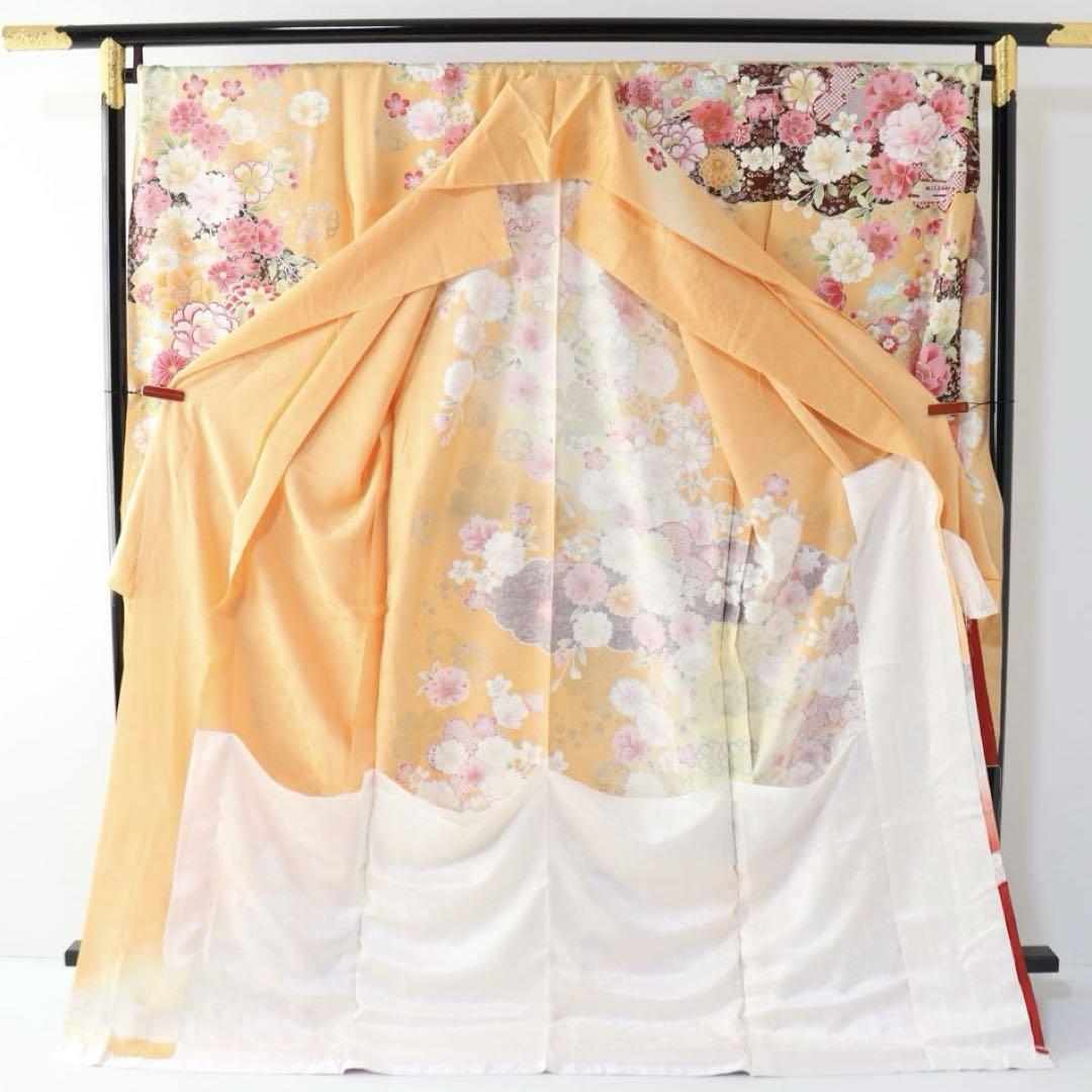E256☆送料込み❣️仮絵羽 未仕立て 振袖 牡丹・桜・菊模様 刺繍 八掛付き❣️