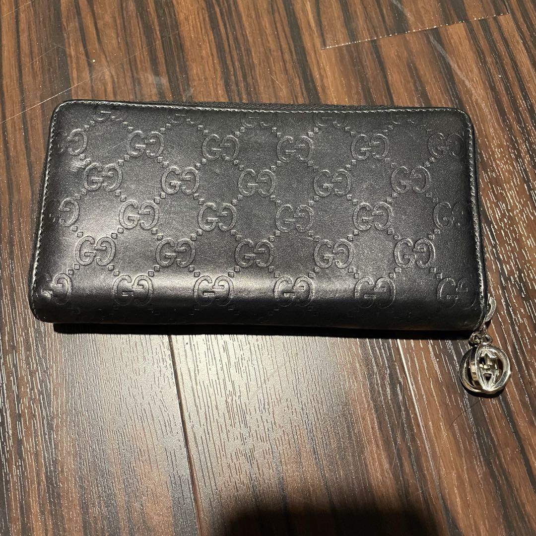 GUCCI グッチシマ GG チャーム ラウンドファスナー 長財布 レザー 黒