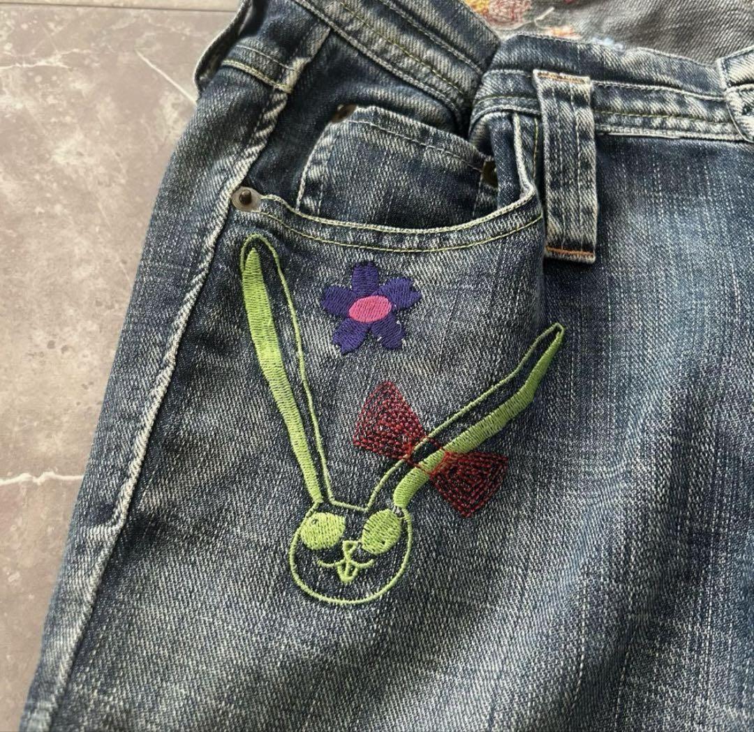 scolar デニムパンツ 刺繍 y2k ワイドデニム うさぎ 花 メンズ