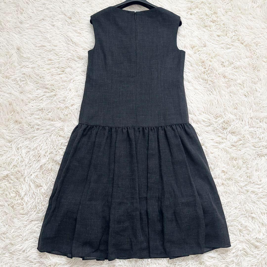 Rene レース パール風ボタン ノースリーブ フレア ワンピース グレー ルネ 近年 フロントレース パールボタン ノースリーブワンピース