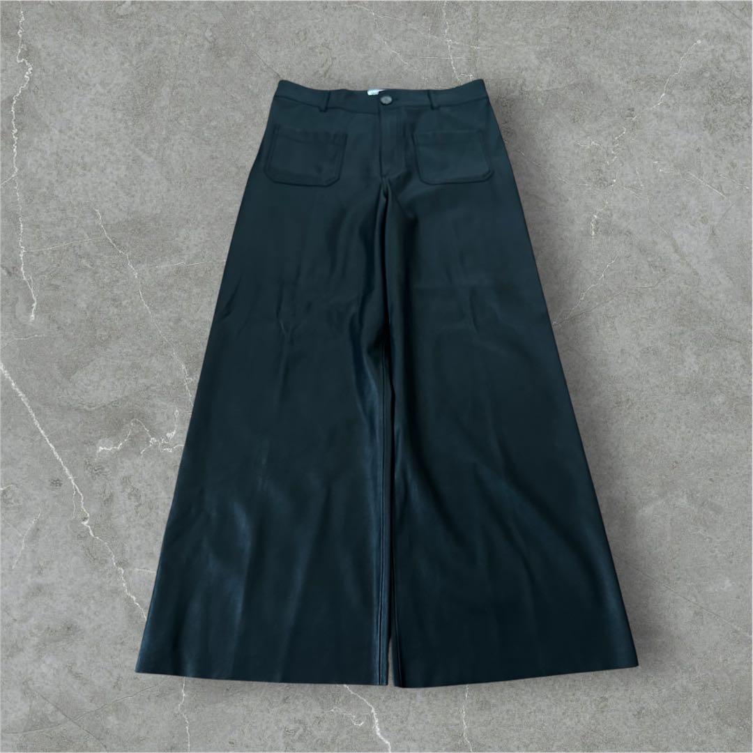 ZARA ザラ スーパー ワイド フェイク レザー パンツ モード系 ブラック