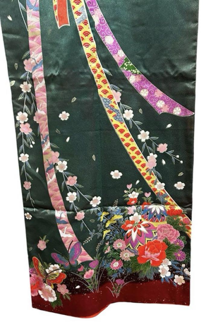 お子様用着物、長襦袢セット　四つ身着物　7歳向け　深緑色