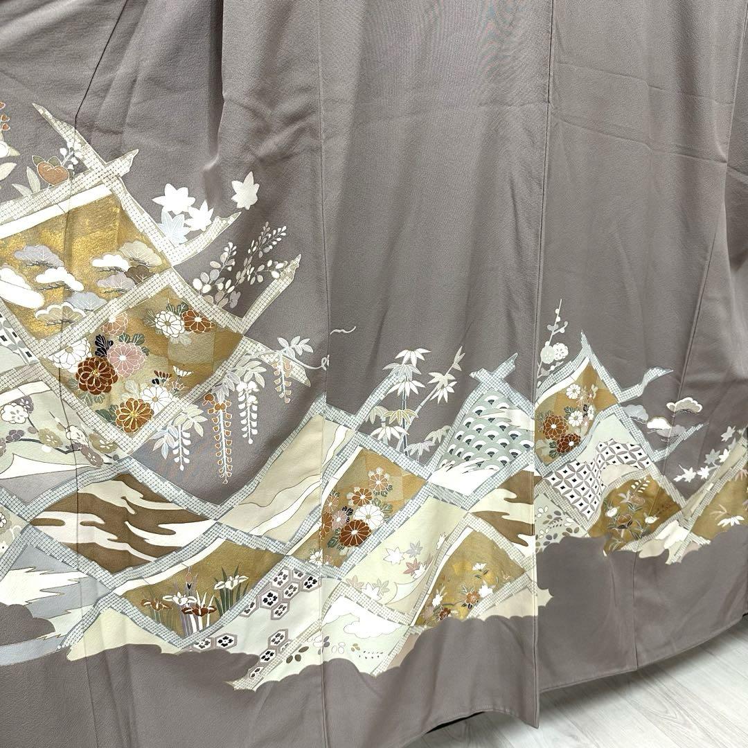 色留袖 金駒刺繍 花模様 裄67 着物 正絹 一つ紋 袷 広