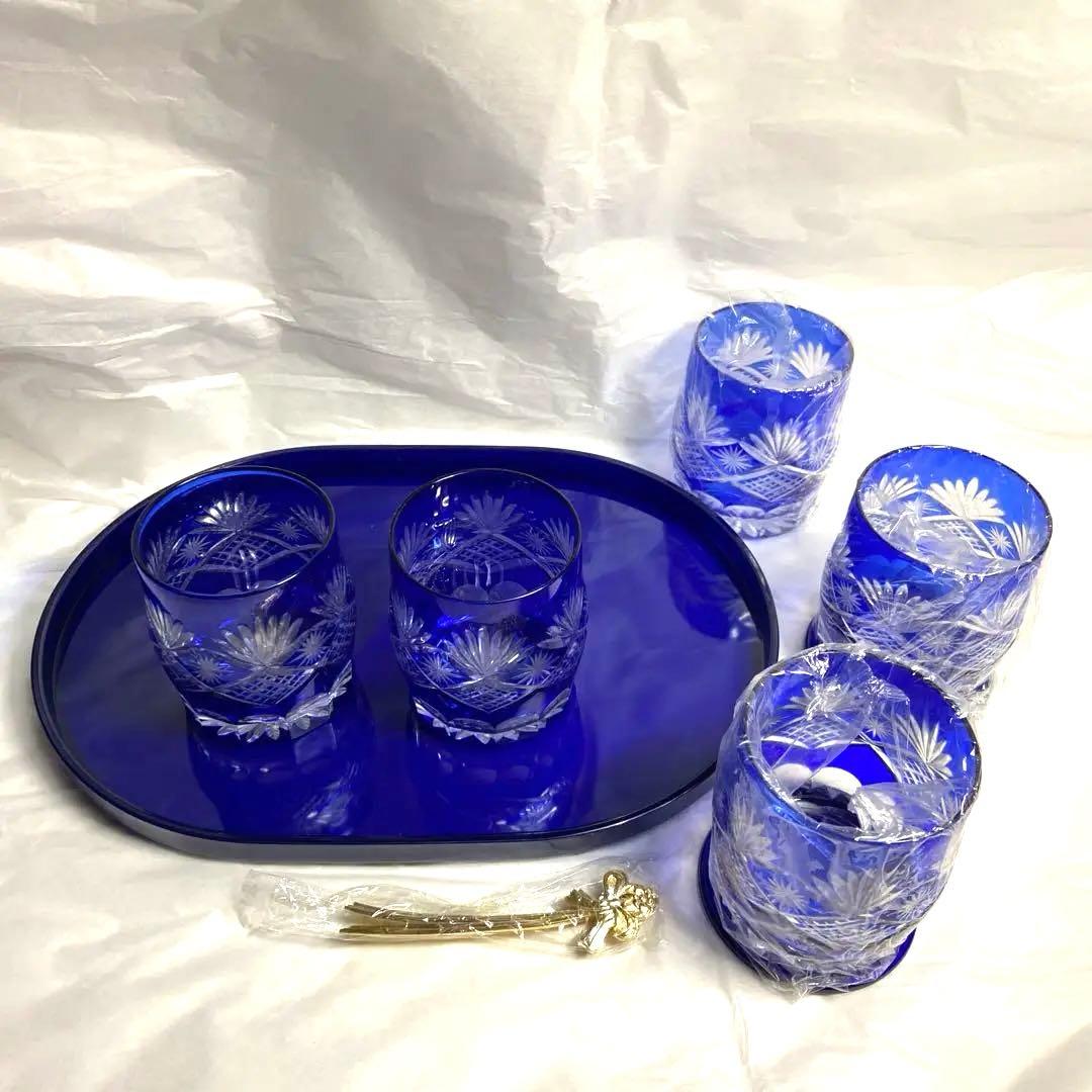 手作り切子 ビール水割りセット 青色ガラスグラスセット マドラー トレーセット 手作り切子 ビール水割りセット 青色ガラスグラスセット マドラー トレーセット