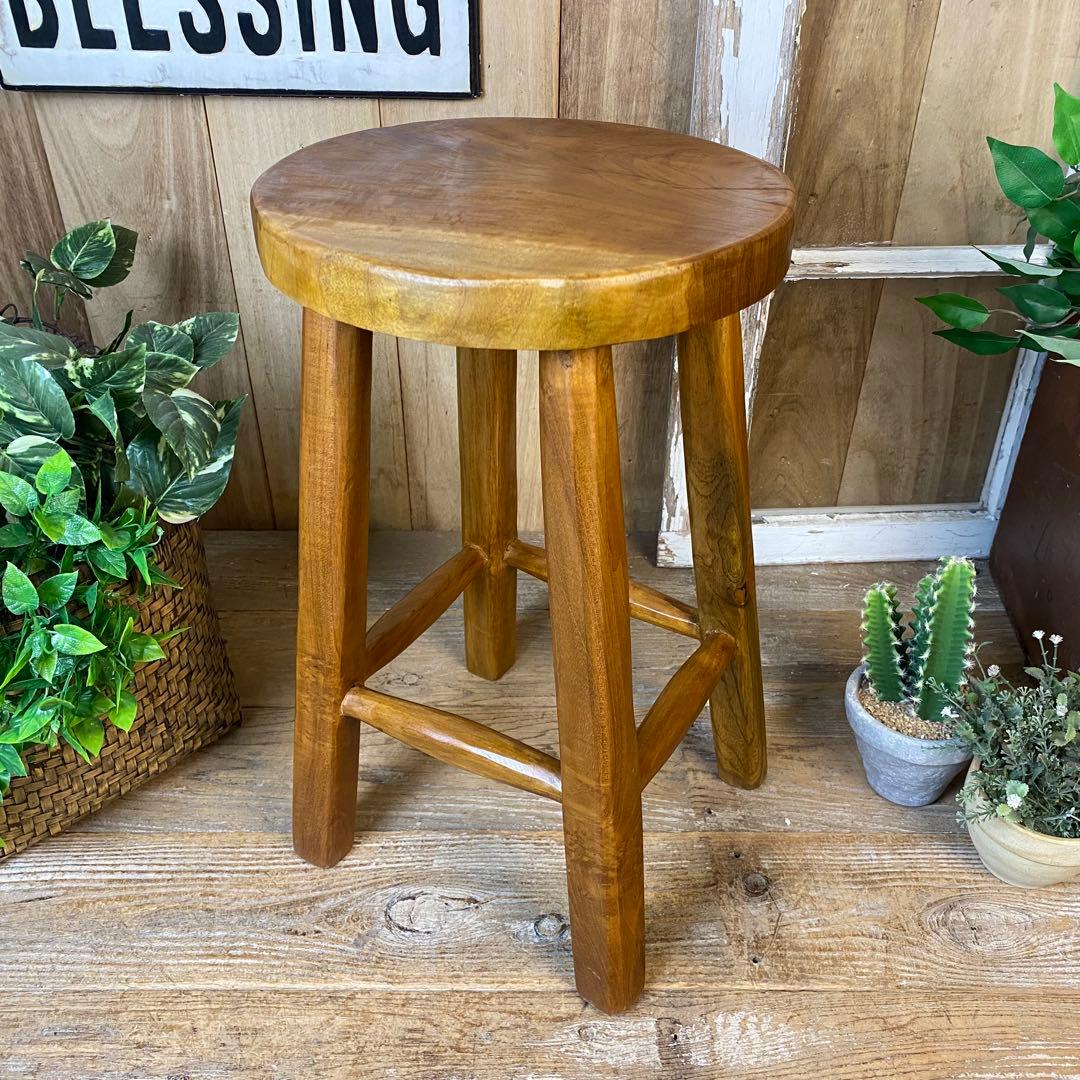 オールドチーク天然無垢材丸木脚スツール丸M木製イス花台ナチュラルウッドチェア椅子