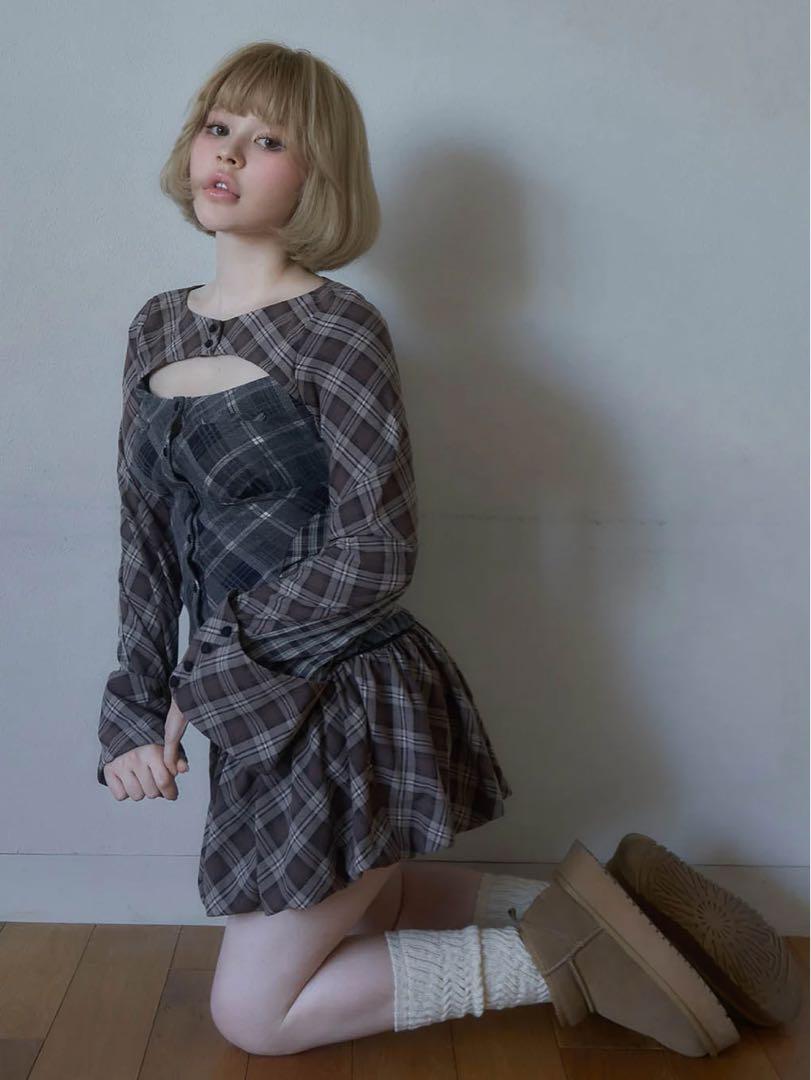Nancy check tops & skirt S Brown トップス