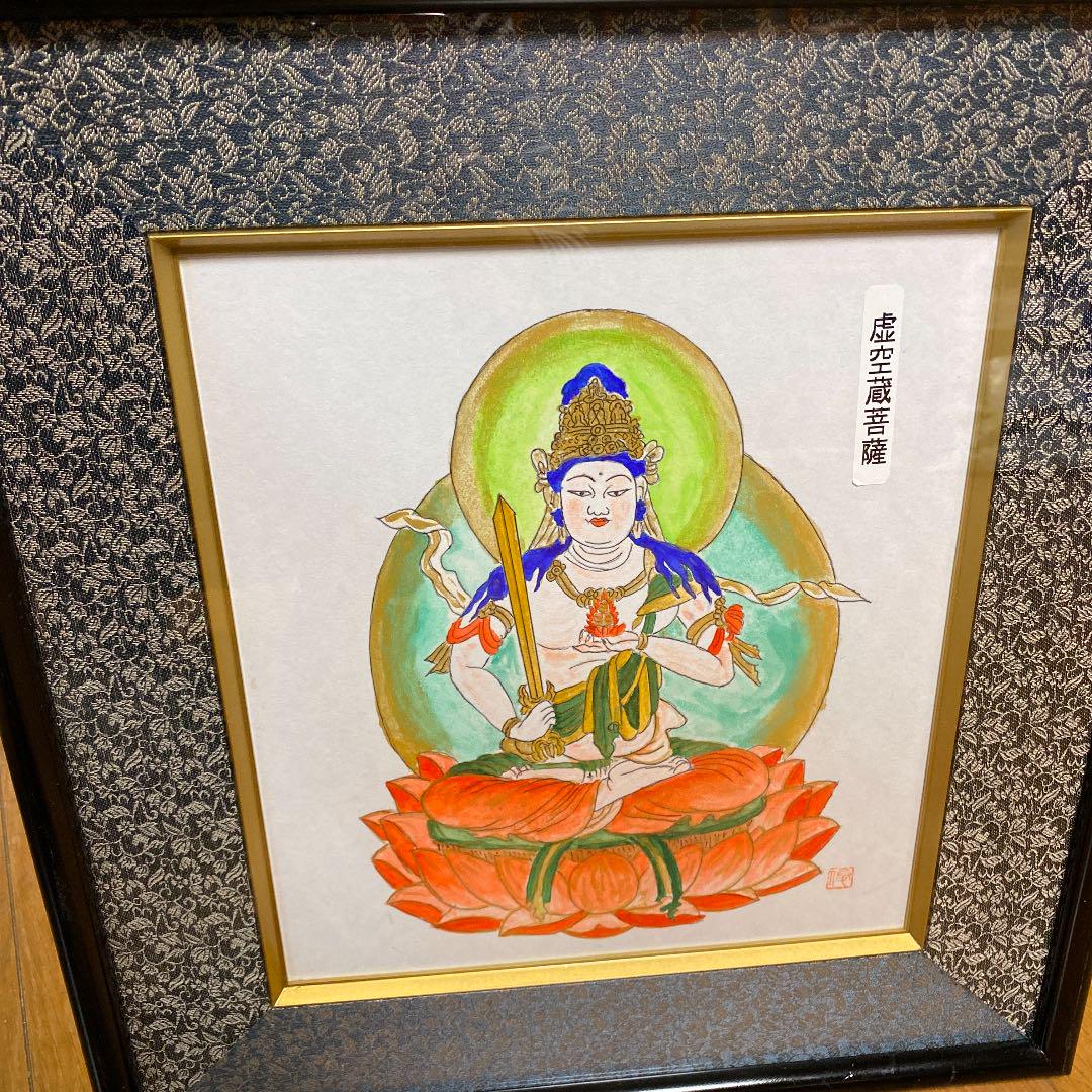 アンティーク　仏教　水彩画　38x42 木製